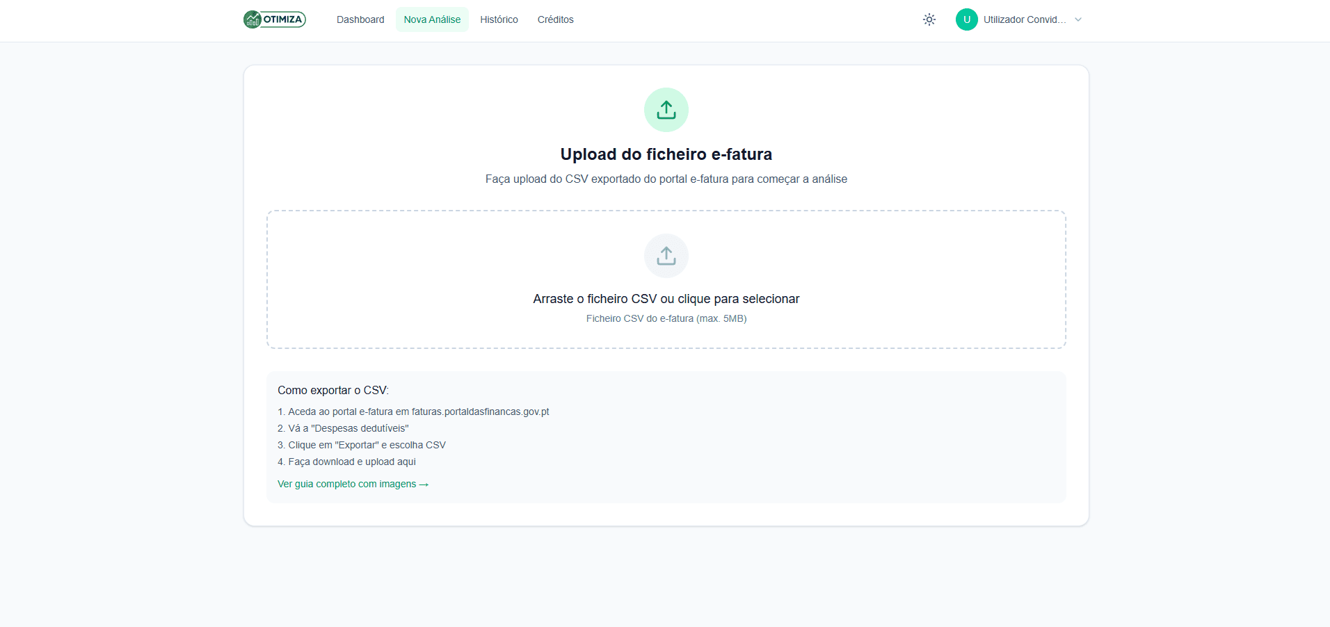 Página de upload do Otimiza com zona para arrastar o ficheiro CSV