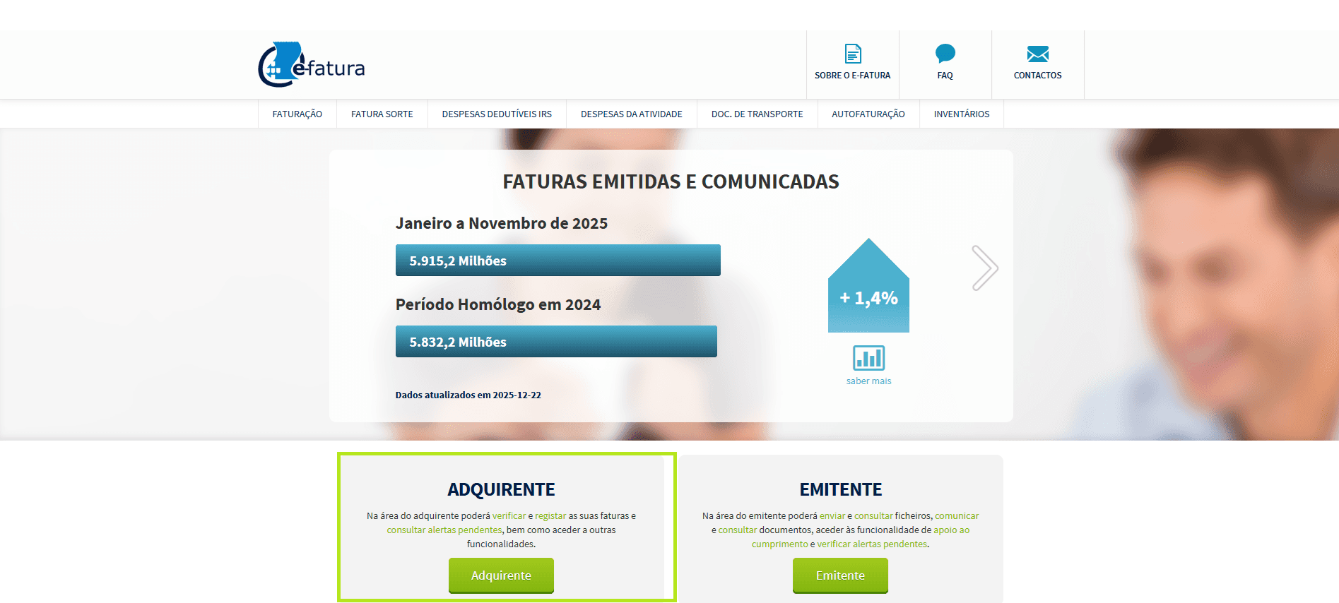 Página de faturas emitidas com caixa Adquirente destacada