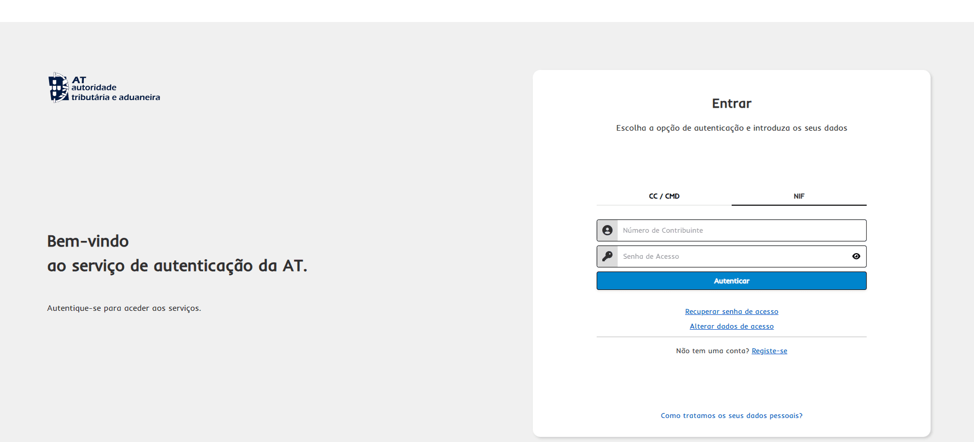 Página de login da Autoridade Tributária com campos NIF e senha