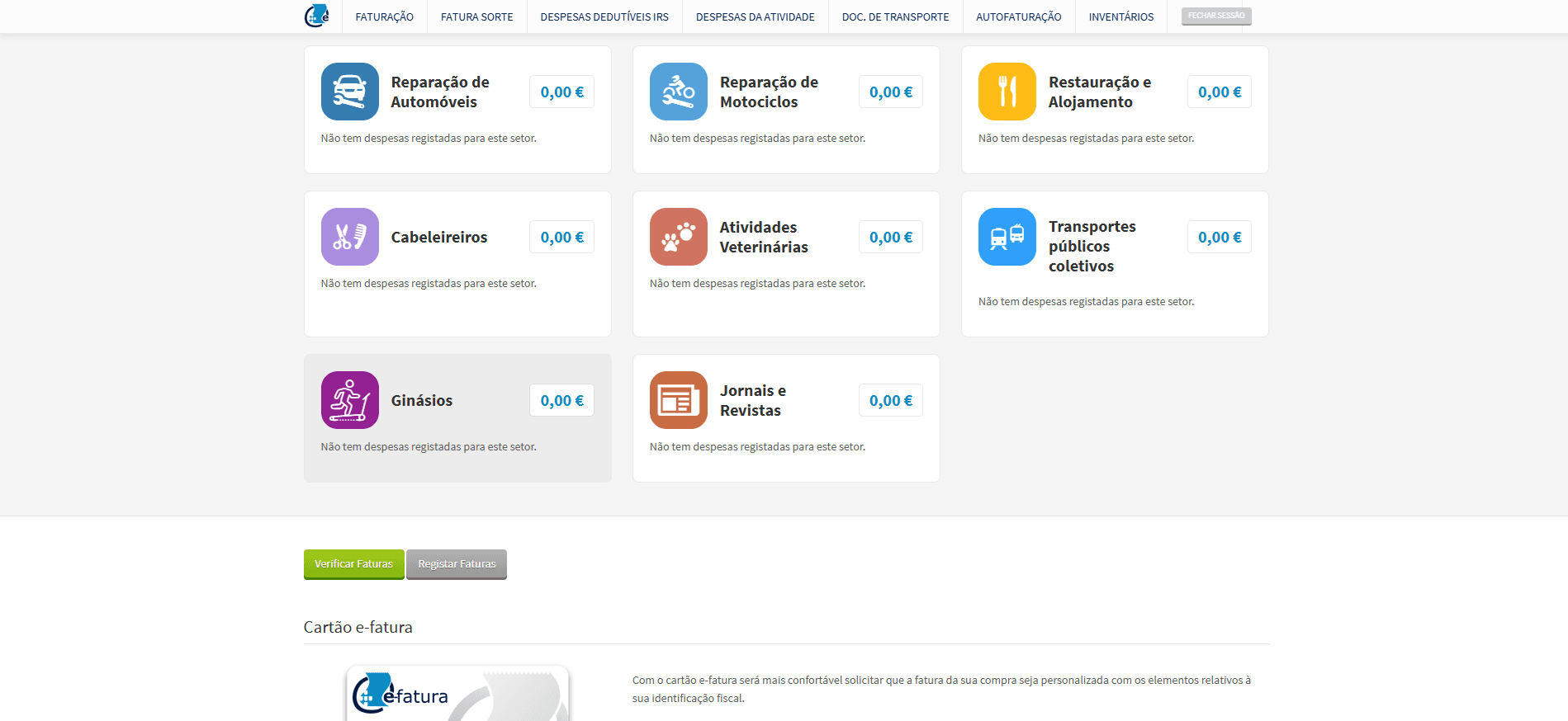 Restantes categorias de dedução e botão Verificar Faturas