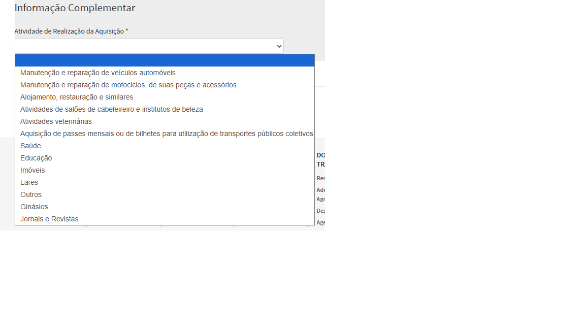 Dropdown de categorias aberto mostrando opções como Saúde, Educação, Restauração, Ginásios, etc.
